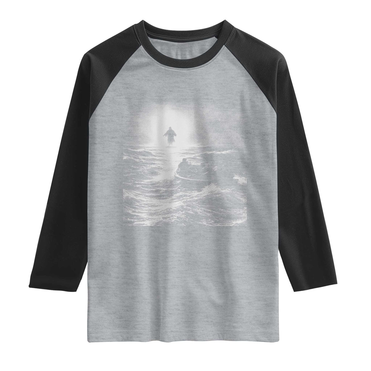 Christian Faith Raglan Shirt Walk On Water Distressed Bible Verse TS10 Heather Gray Black Print Your Wear