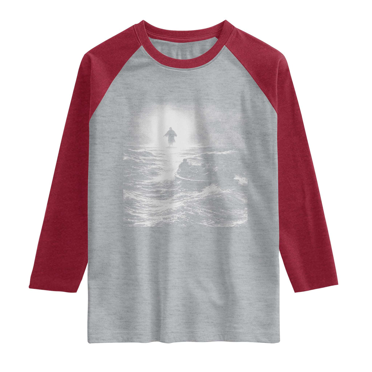 Christian Faith Raglan Shirt Walk On Water Distressed Bible Verse TS10 Heather Gray Heather Red Print Your Wear