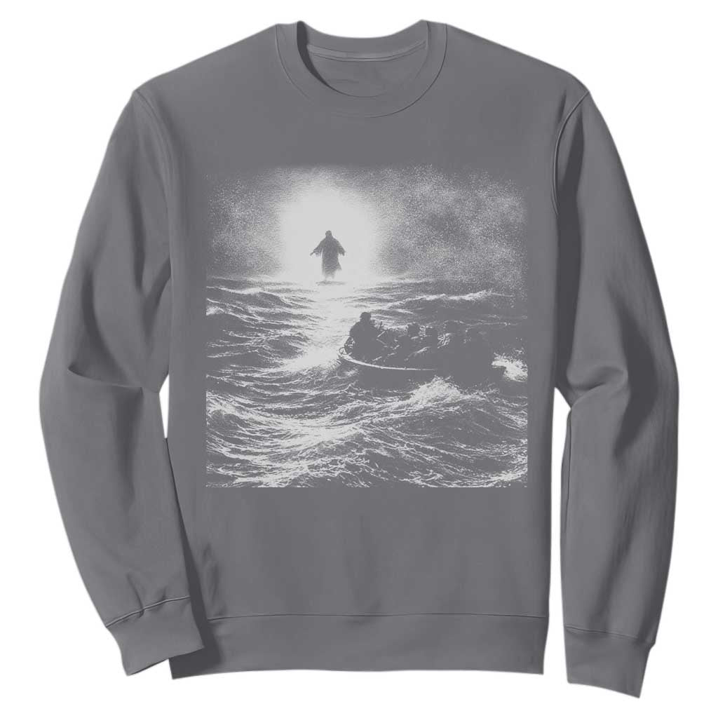 Christian Faith Sweatshirt Walk On Water Distressed Bible Verse TS10 Charcoal Print Your Wear