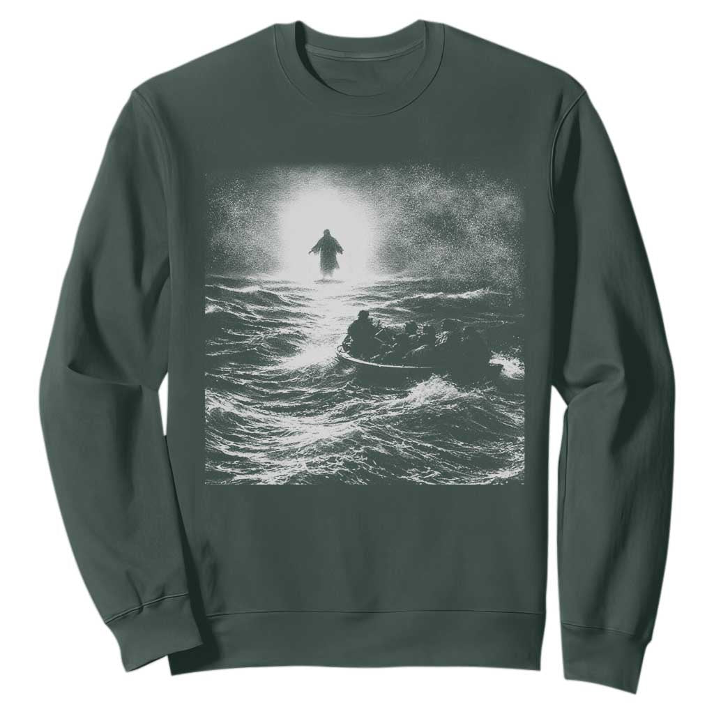 Christian Faith Sweatshirt Walk On Water Distressed Bible Verse TS10 Dark Forest Green Print Your Wear