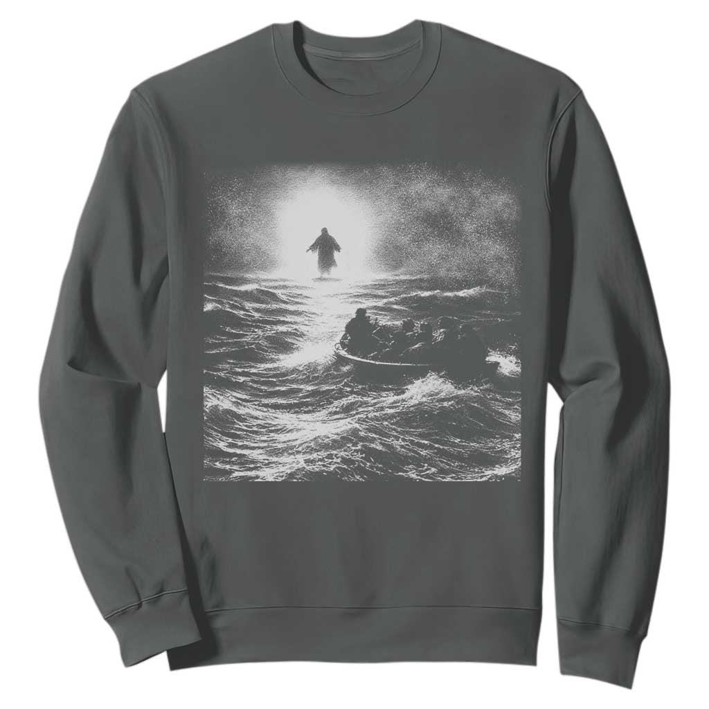 Christian Faith Sweatshirt Walk On Water Distressed Bible Verse TS10 Dark Heather Print Your Wear