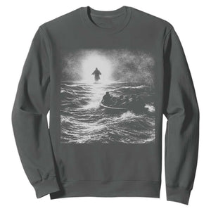 Christian Faith Sweatshirt Walk On Water Distressed Bible Verse TS10 Dark Heather Print Your Wear