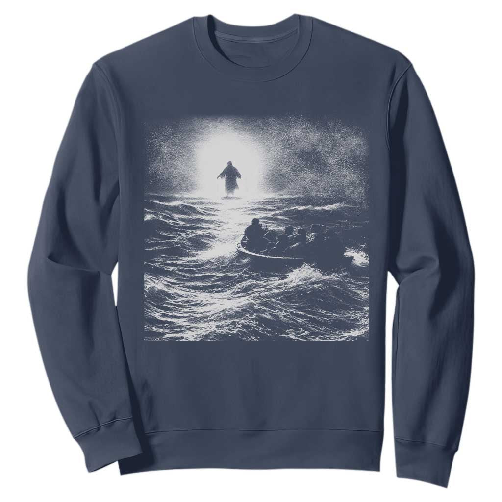 Christian Faith Sweatshirt Walk On Water Distressed Bible Verse TS10 Navy Print Your Wear