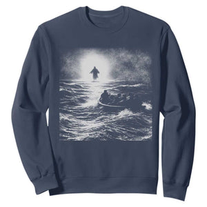 Christian Faith Sweatshirt Walk On Water Distressed Bible Verse TS10 Navy Print Your Wear