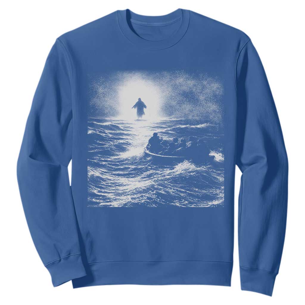 Christian Faith Sweatshirt Walk On Water Distressed Bible Verse TS10 Royal Blue Print Your Wear