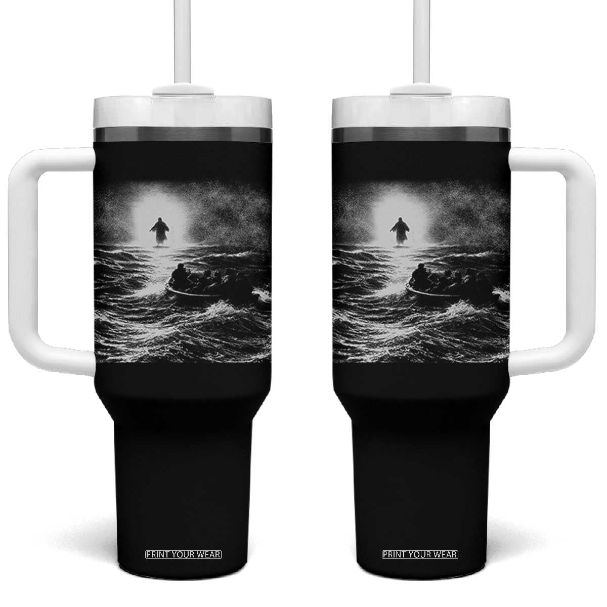 Christian Faith Tumbler With Handle Walk On Water Distressed Bible Verse TS10 One Size: 40 oz Black Print Your Wear