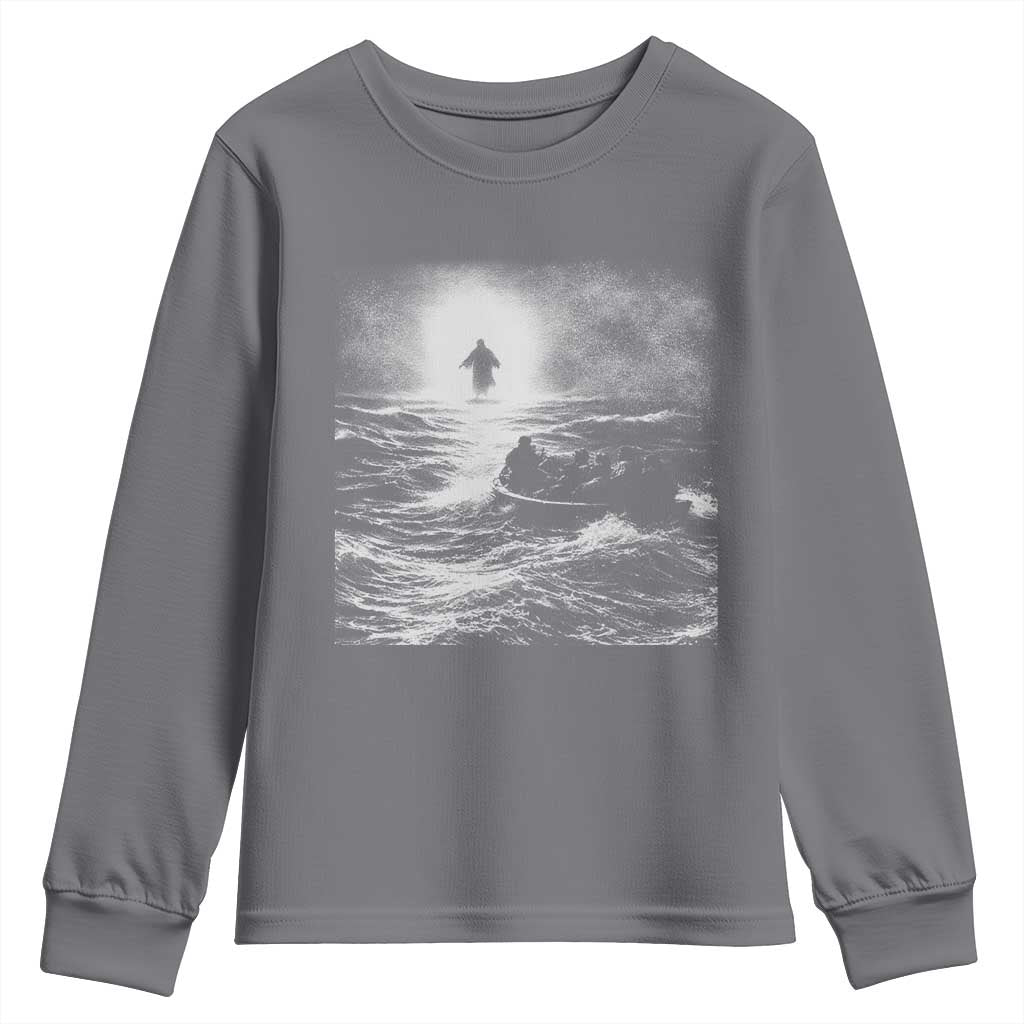 Christian Faith Youth Sweatshirt Walk On Water Distressed Bible Verse TS10 Charcoal Print Your Wear