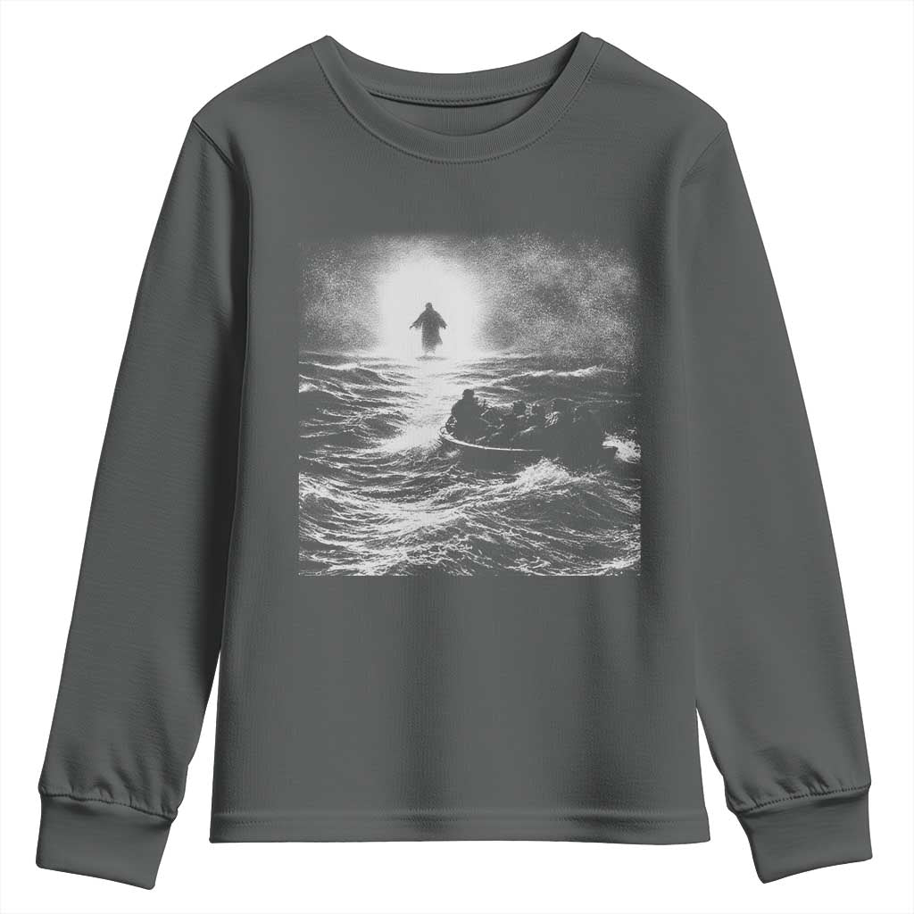 Christian Faith Youth Sweatshirt Walk On Water Distressed Bible Verse TS10 Dark Heather Print Your Wear