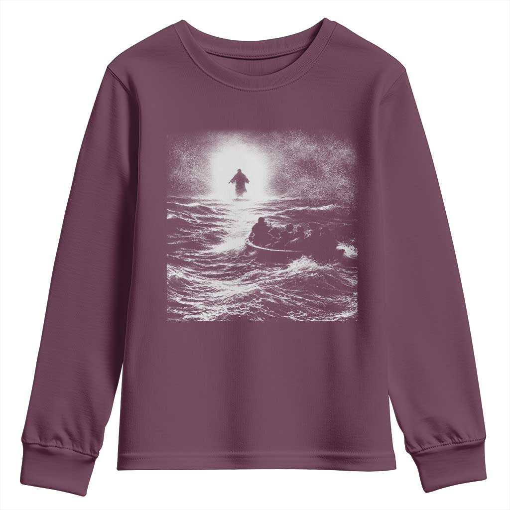 Christian Faith Youth Sweatshirt Walk On Water Distressed Bible Verse TS10 Maroon Print Your Wear