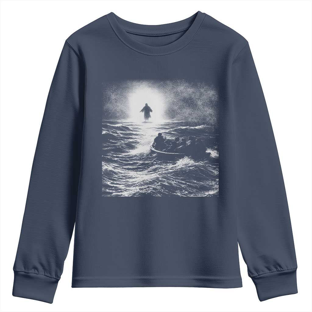 Christian Faith Youth Sweatshirt Walk On Water Distressed Bible Verse TS10 Navy Print Your Wear