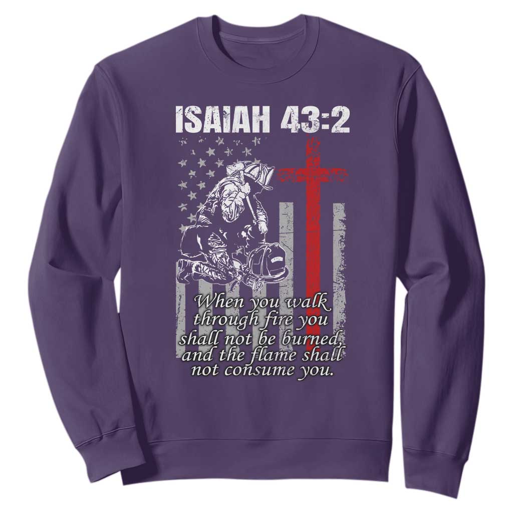 Isaiah 43 2 Firefighter Sweatshirt Fireman Prayer Cross Bible Verse American Flag TS10 Purple Print Your Wear