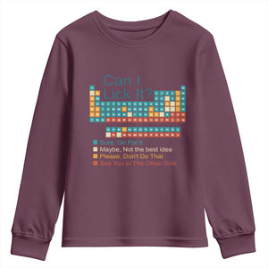 Can I Lick It Periodic Table Youth Sweatshirt Funny Chemistry Science Teacher Student TS10 Maroon Print Your Wear
