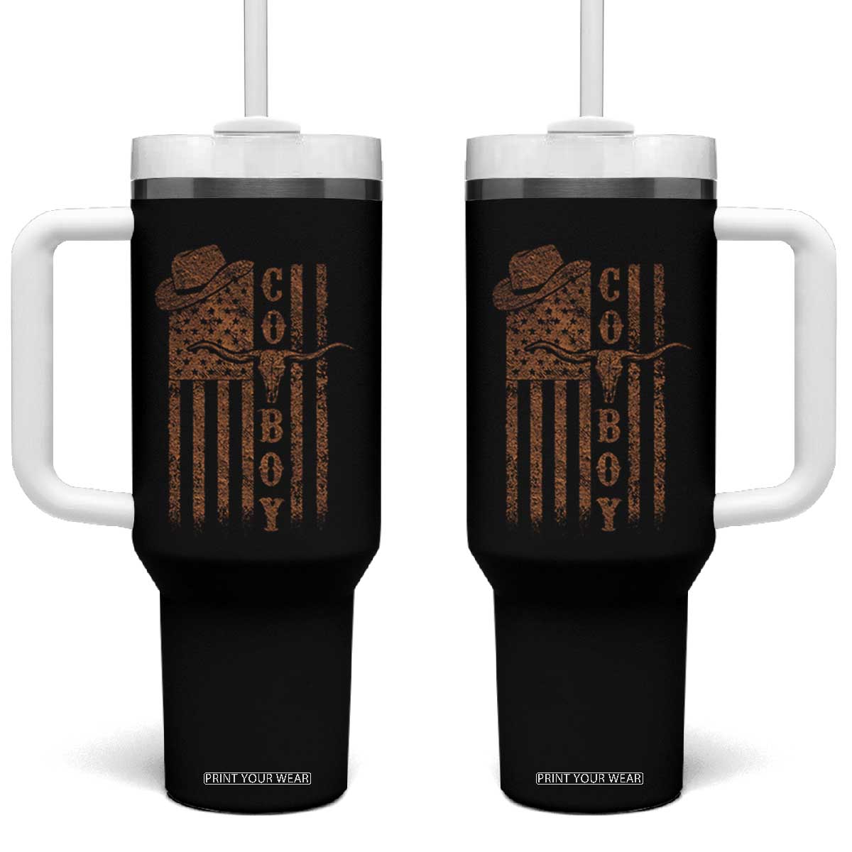 Retro Cowboy Tumbler With Handle USA Flag Texas Western Country Rodeo Southern TS10 One Size: 40 oz Black Print Your Wear