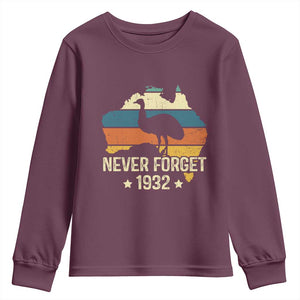 Never Forget 1932 Emu War Youth Sweatshirt Funny Emu Lover Zookeeper TS10 Maroon Print Your Wear