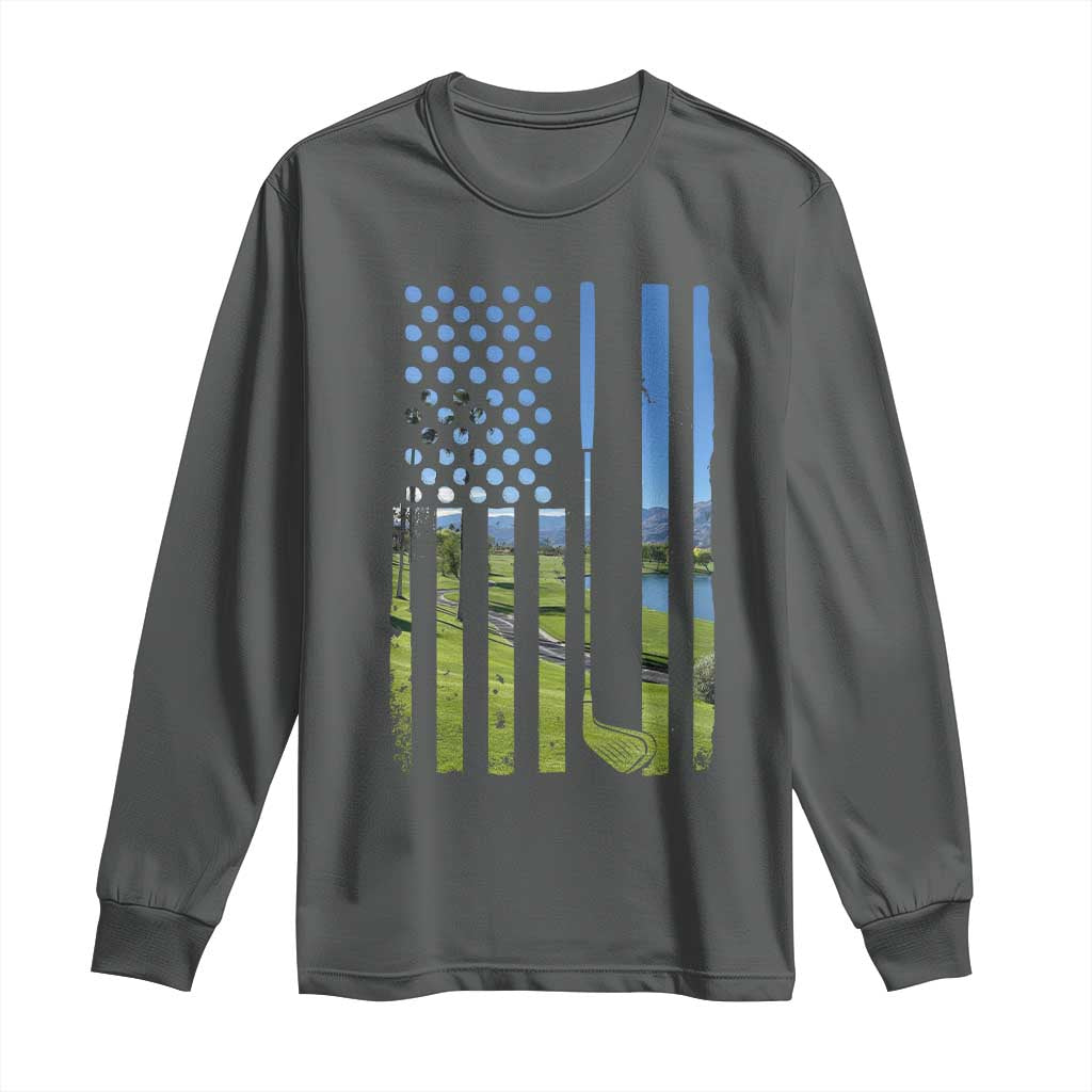 American Flag Golf Long Sleeve Shirt Golfer Funny Golf Club Golfing TS10 Dark Heather Print Your Wear