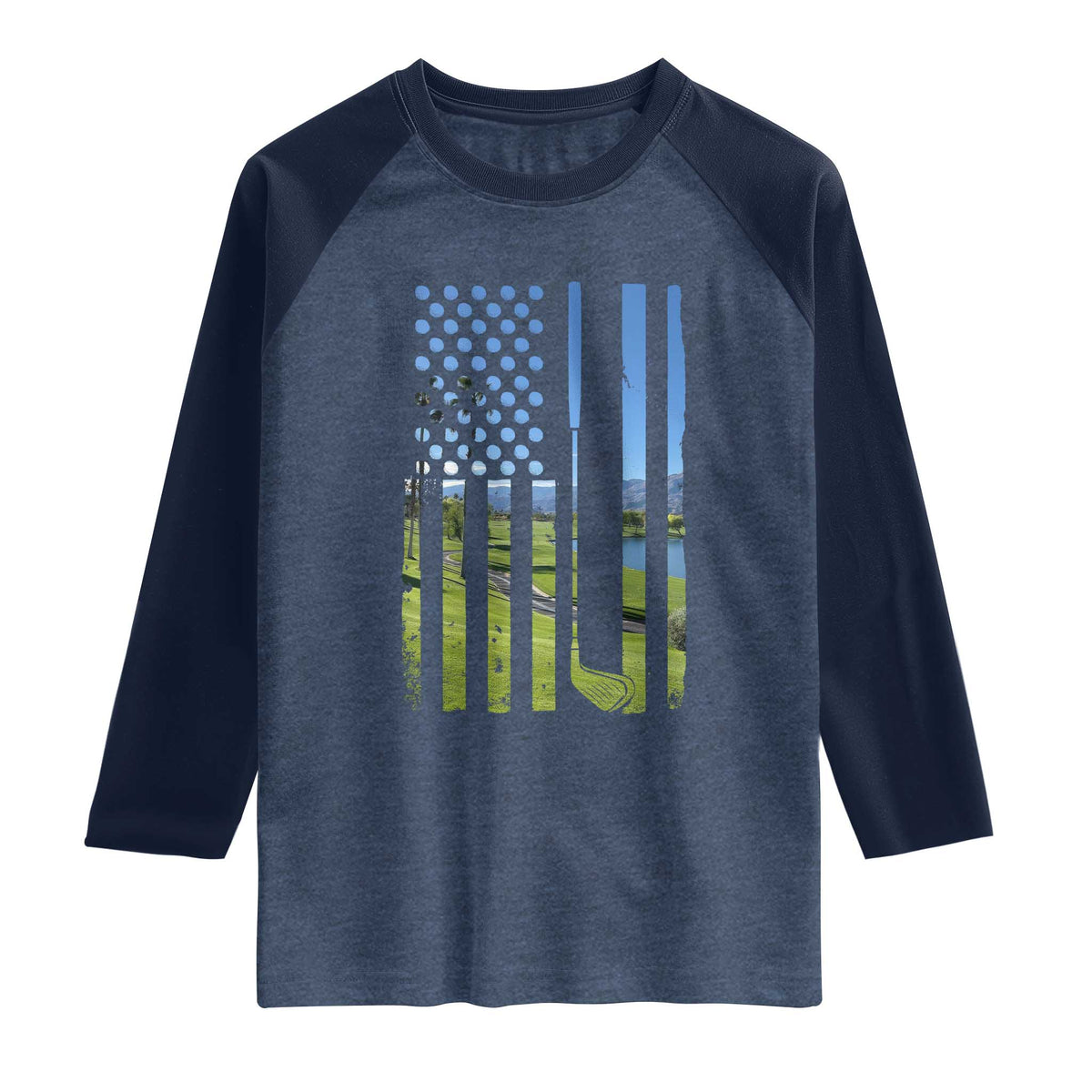 American Flag Golf Raglan Shirt Golfer Funny Golf Club Golfing TS10 Heather Denim Navy Print Your Wear
