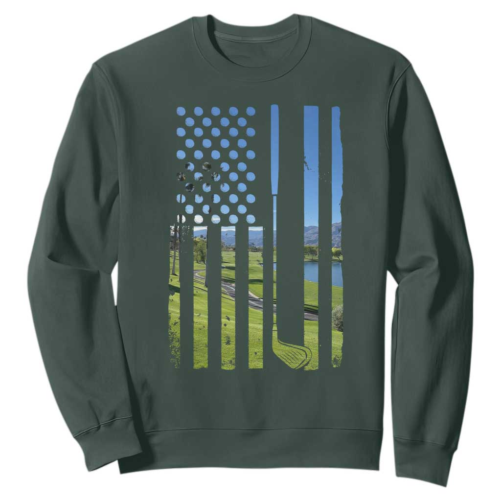 American Flag Golf Sweatshirt Golfer Funny Golf Club Golfing TS10 Dark Forest Green Print Your Wear