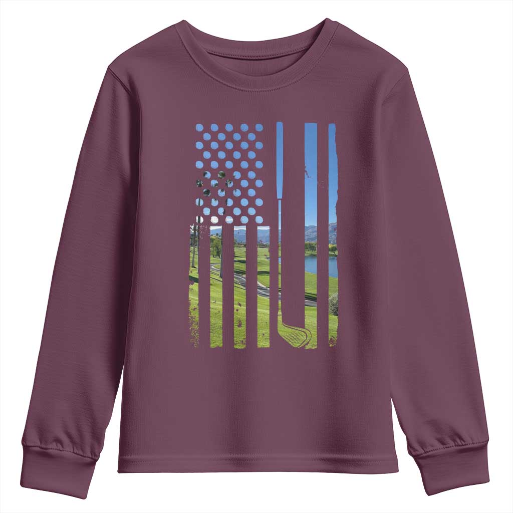 American Flag Golf Youth Sweatshirt Golfer Funny Golf Club Golfing TS10 Maroon Print Your Wear