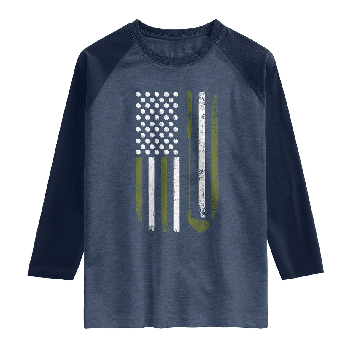Retro American Flag Golf Raglan Shirt Golfer Funny Golf Club Golfing TS10 Heather Denim Navy Print Your Wear