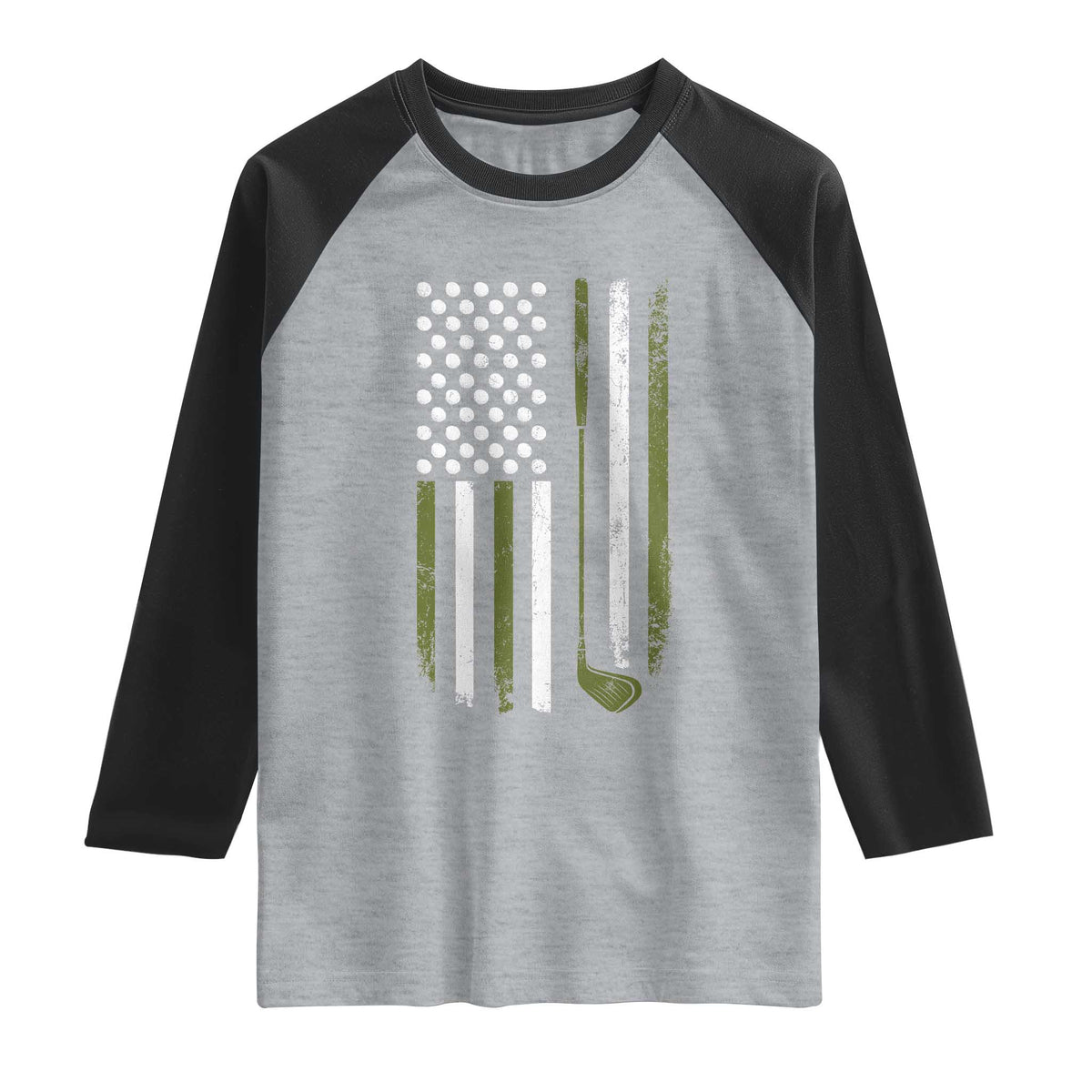Retro American Flag Golf Raglan Shirt Golfer Funny Golf Club Golfing TS10 Heather Gray Black Print Your Wear