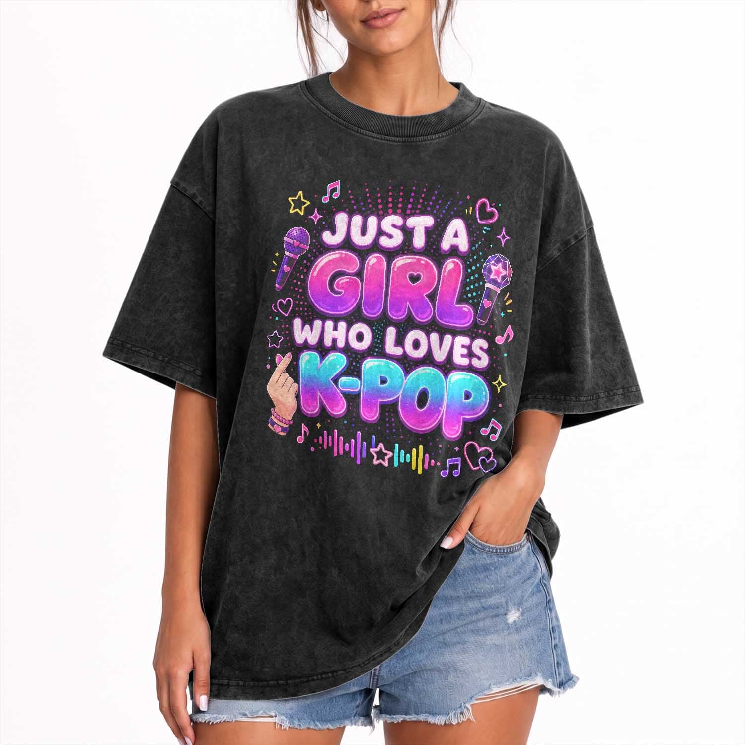 Kpop Lover Washed Cotton T-Shirt Just a Girl Who Loves K-Pop Korean Music