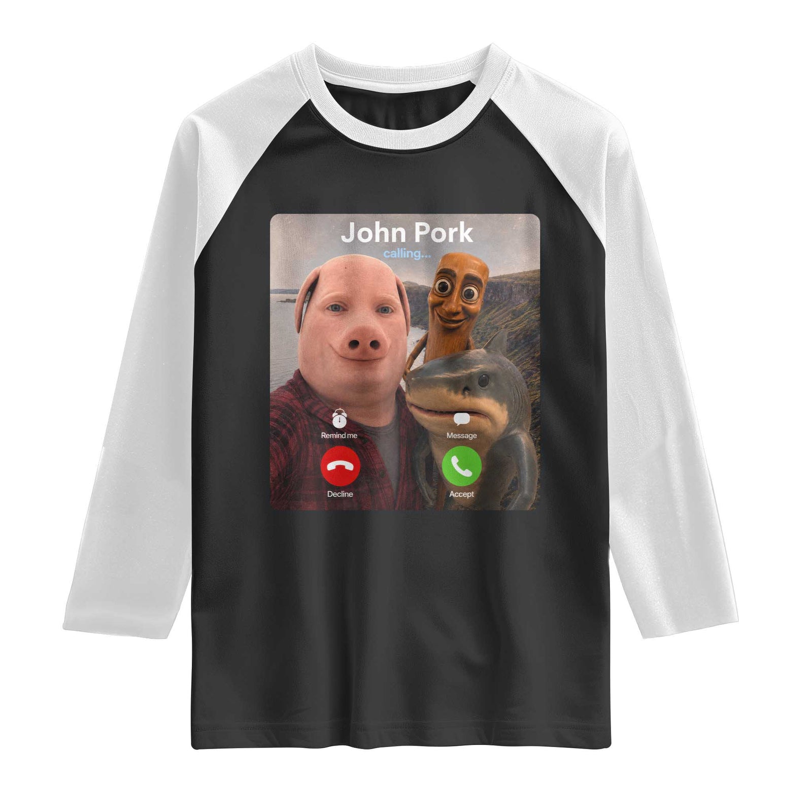Tung Tung Tung Sahur John Pork Calling Raglan Shirt Tralalero Tralala Meme Brainrot Funny TS10 Black White Print Your Wear