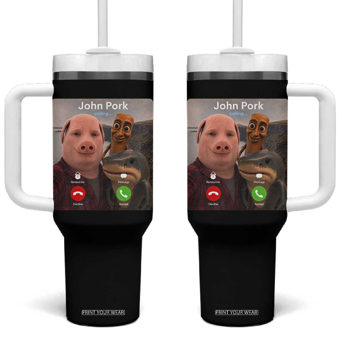 Tung Tung Tung Sahur John Pork Calling Tumbler With Handle Tralalero Tralala Meme Brainrot Funny TS10 One Size: 40 oz Black Print Your Wear