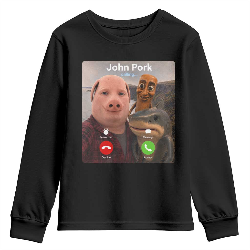 Tung Tung Tung Sahur John Pork Calling Youth Sweatshirt Tralalero Tralala Meme Brainrot Funny TS10 Black Print Your Wear