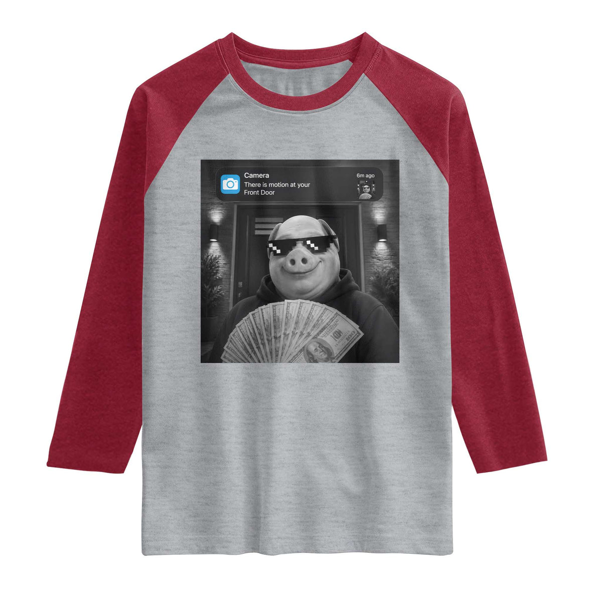 John Pork Meme Raglan Shirt There Is Motion At Your Front Door Funny Brainrot TS10 Heather Gray Heather Red Print Your Wear