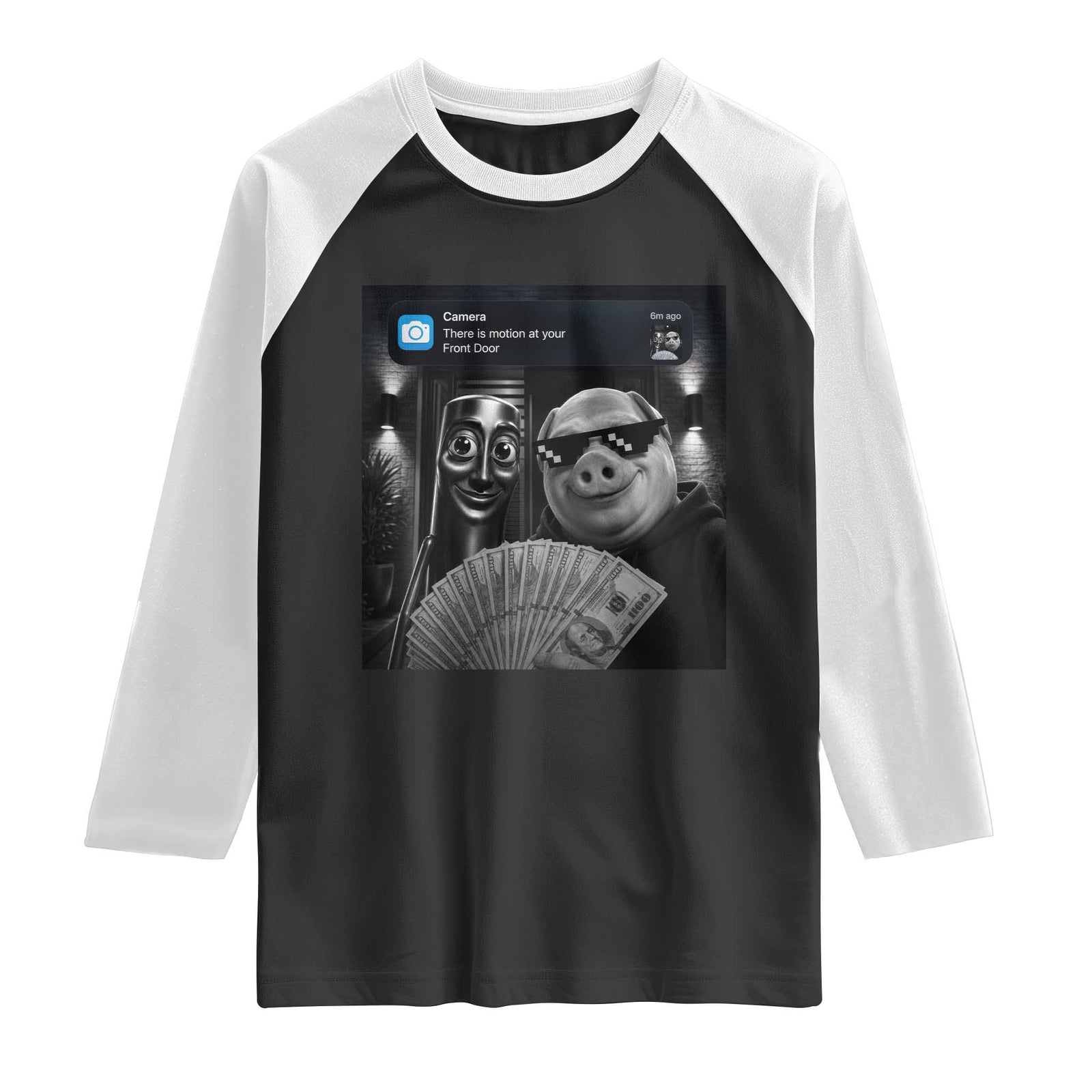 Tung Tung Tung Sahur John Pork Meme Brainrot Raglan Shirt There Is Motion At Your Front Door TS10 Black White Print Your Wear