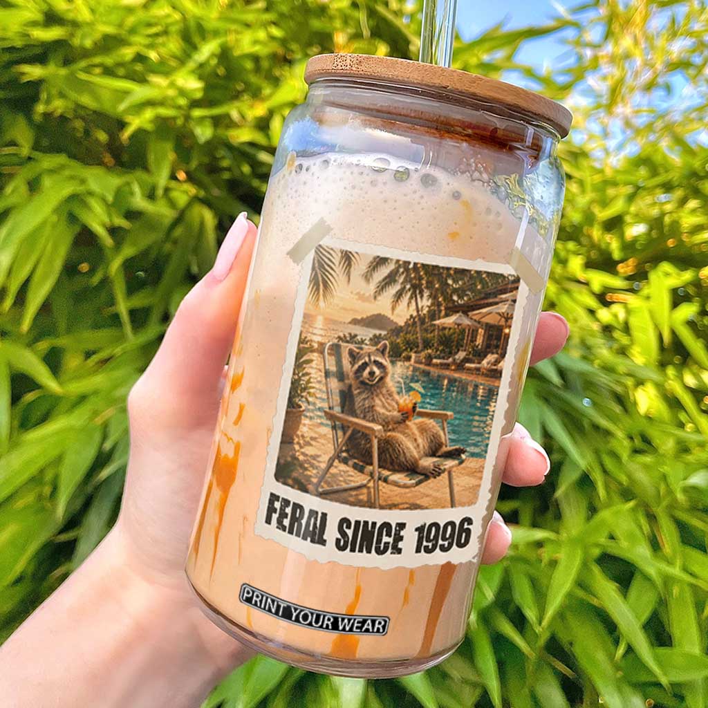 Funny Raccoon Feral Since 1996 30th Birthday Glass Can Vintage 30 Year Old Gift TS10 Black Print Your Wear