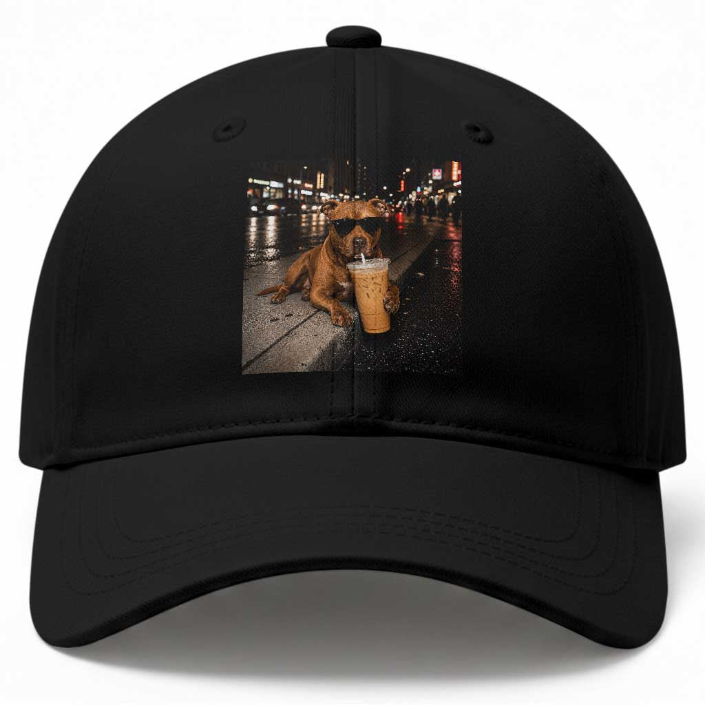 Funny Pitbull Drinking Iced Coffee Baseball Cap Vintage Pittie Dog Lovers Meme TS10 Print Your Wear