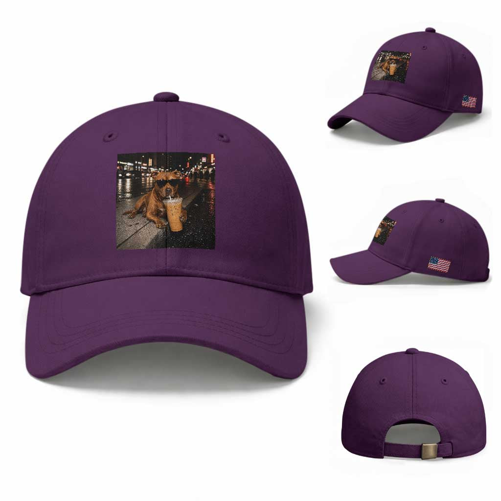 Funny Pitbull Drinking Iced Coffee Baseball Cap Vintage Pittie Dog Lovers Meme TS10 Baseball Cap Universal Fit Purple Print Your Wear
