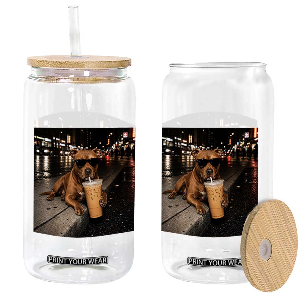 Funny Pitbull Drinking Iced Coffee Glass Can Vintage Pittie Dog Lovers Meme TS10 Print Your Wear