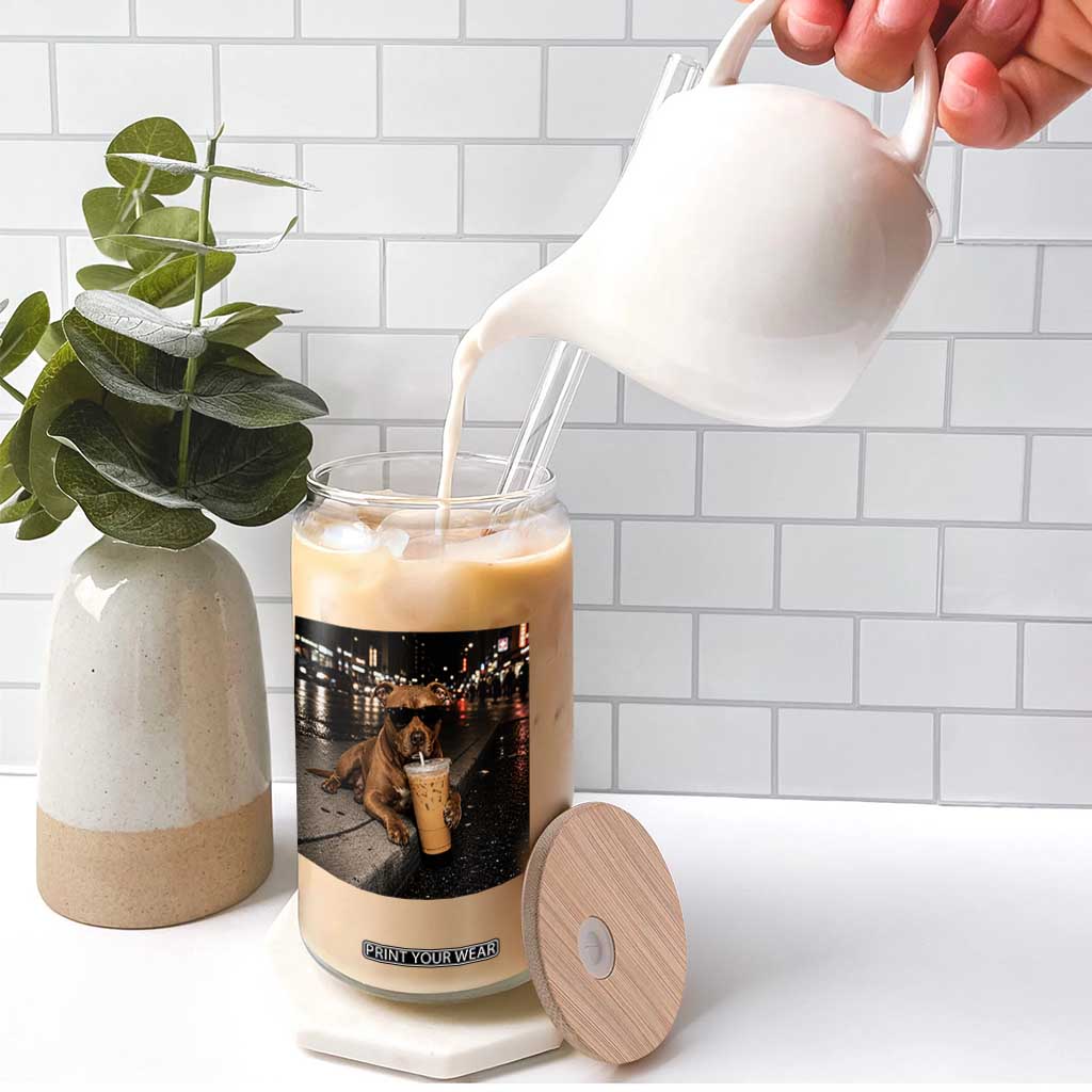 Funny Pitbull Drinking Iced Coffee Glass Can Vintage Pittie Dog Lovers Meme TS10 Print Your Wear