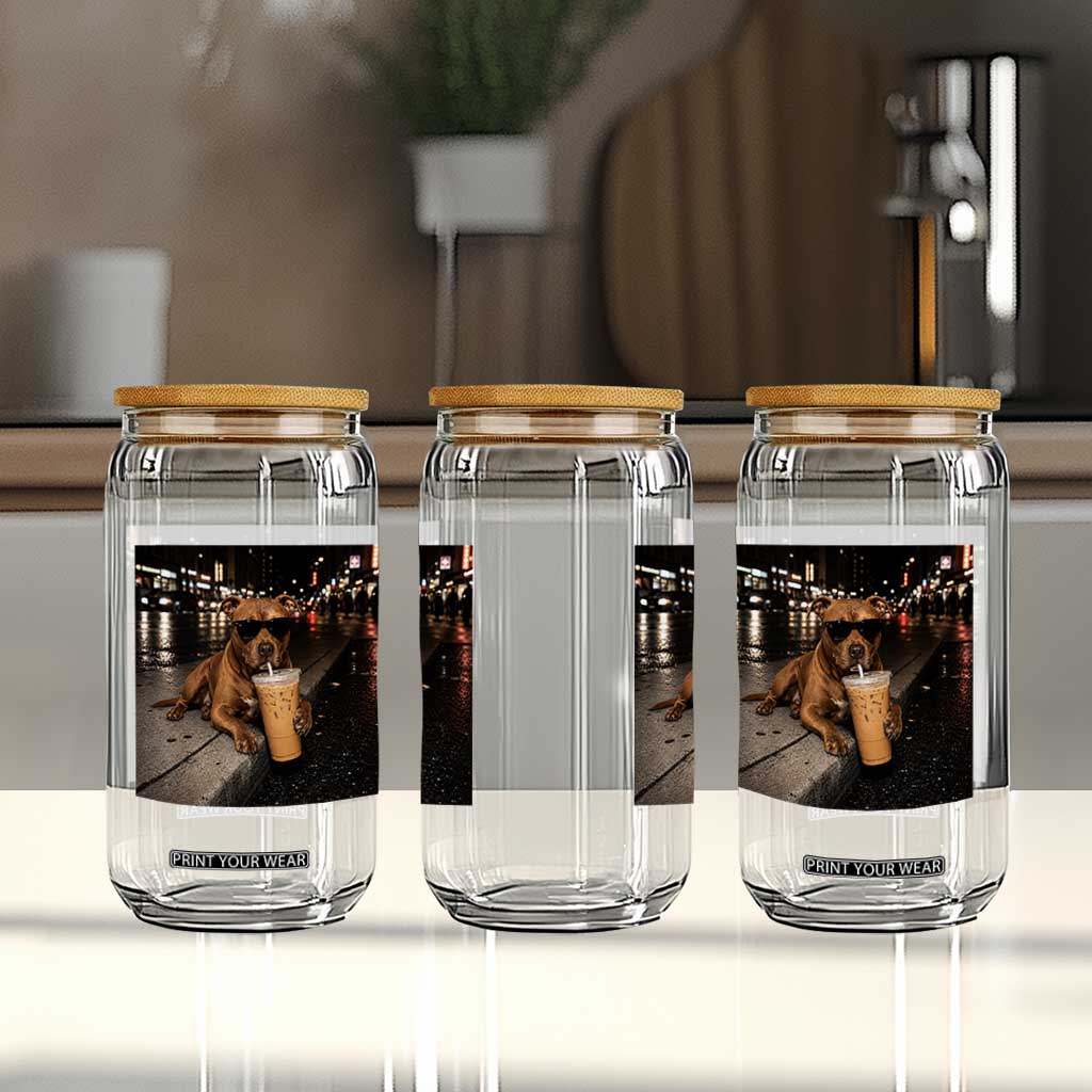 Funny Pitbull Drinking Iced Coffee Glass Can Vintage Pittie Dog Lovers Meme TS10 Print Your Wear