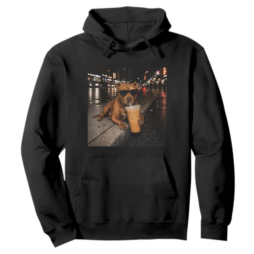Funny Pitbull Drinking Iced Coffee Hoodie Vintage Pittie Dog Lovers Meme TS10 Black Print Your Wear
