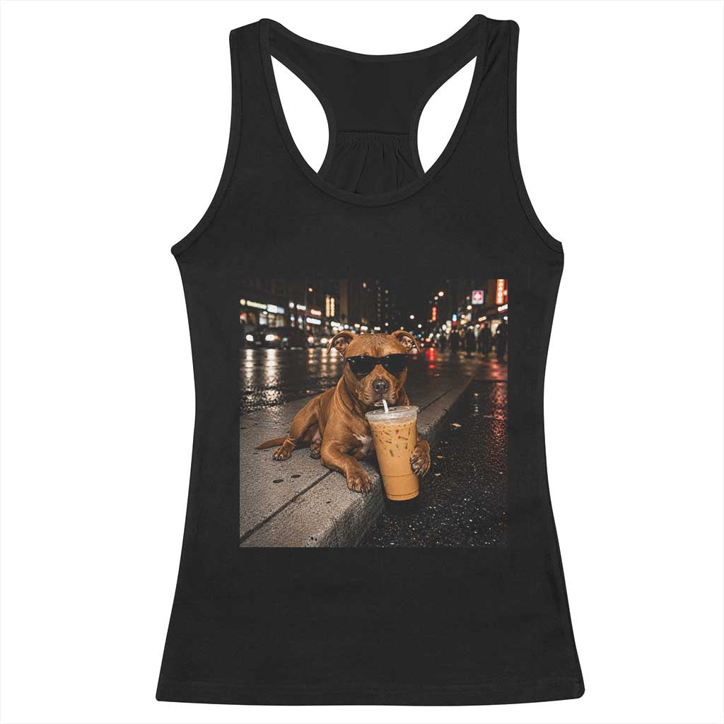 Funny Pitbull Drinking Iced Coffee Racerback Tank Top Vintage Pittie Dog Lovers Meme TS10 Black Print Your Wear