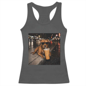 Funny Pitbull Drinking Iced Coffee Racerback Tank Top Vintage Pittie Dog Lovers Meme TS10 Dark Heather Print Your Wear