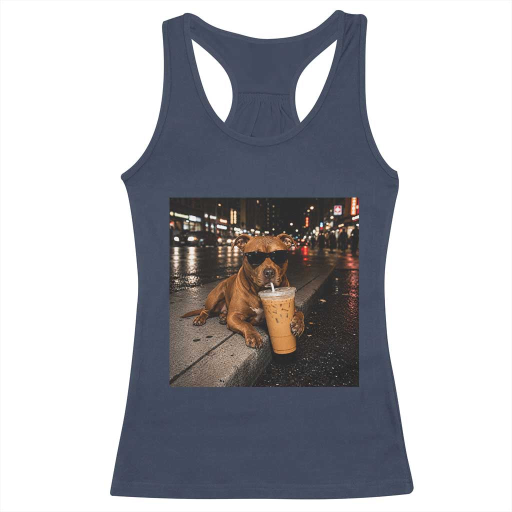 Funny Pitbull Drinking Iced Coffee Racerback Tank Top Vintage Pittie Dog Lovers Meme TS10 Navy Print Your Wear