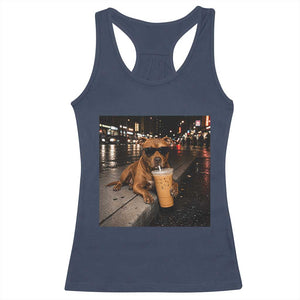 Funny Pitbull Drinking Iced Coffee Racerback Tank Top Vintage Pittie Dog Lovers Meme TS10 Navy Print Your Wear