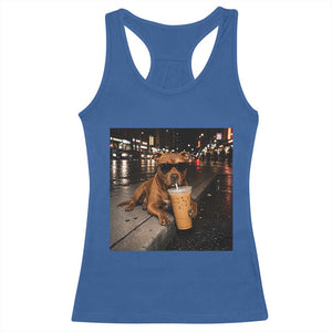 Funny Pitbull Drinking Iced Coffee Racerback Tank Top Vintage Pittie Dog Lovers Meme TS10 Royal Blue Print Your Wear