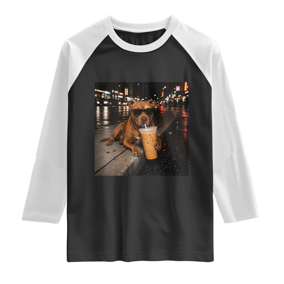 Funny Pitbull Drinking Iced Coffee Raglan Shirt Vintage Pittie Dog Lovers Meme TS10 Black White Print Your Wear