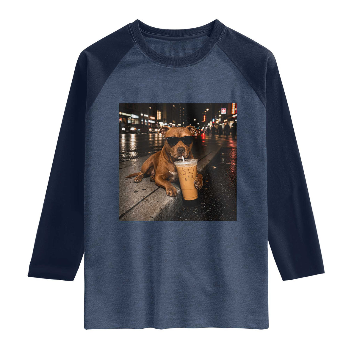 Funny Pitbull Drinking Iced Coffee Raglan Shirt Vintage Pittie Dog Lovers Meme TS10 Heather Denim Navy Print Your Wear
