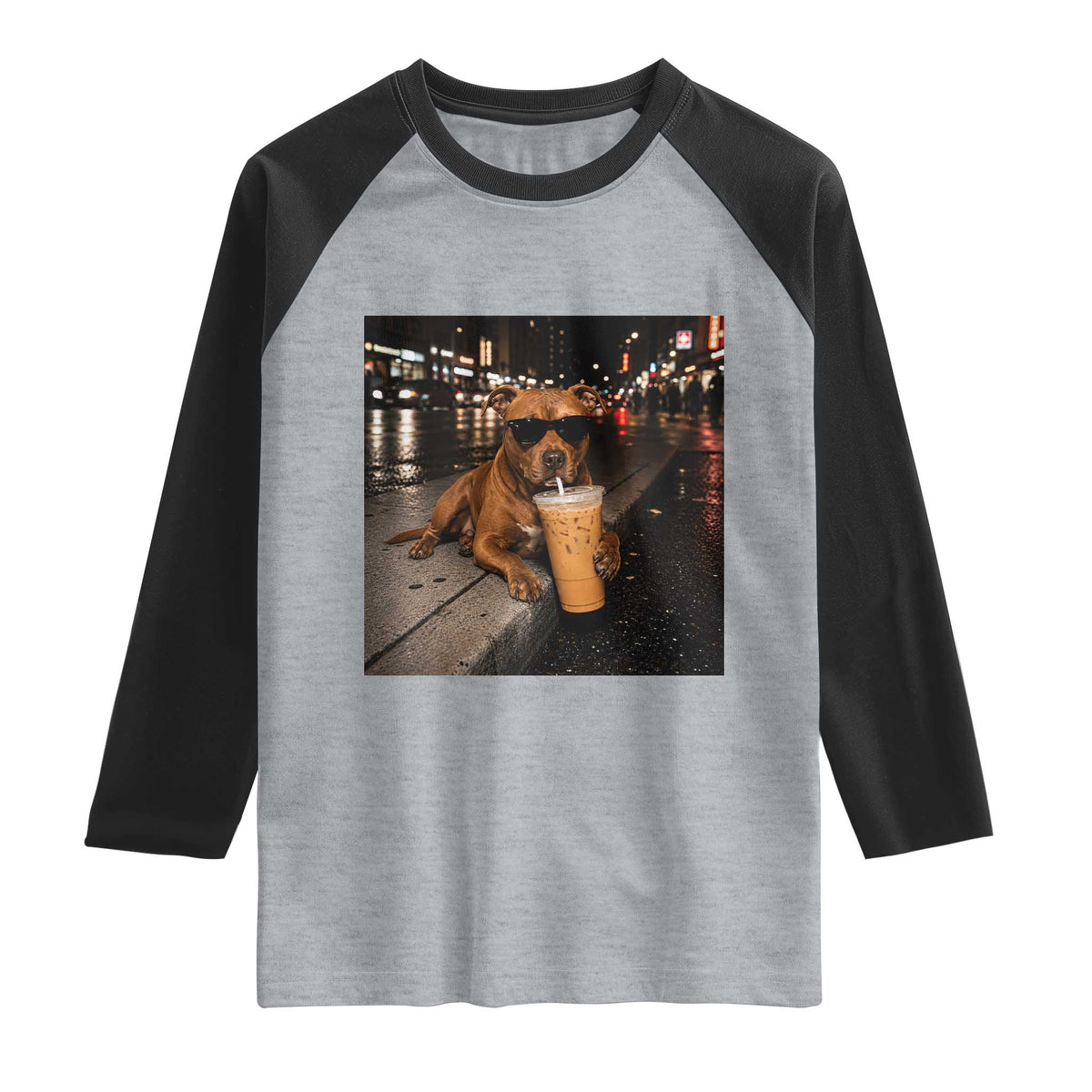 Funny Pitbull Drinking Iced Coffee Raglan Shirt Vintage Pittie Dog Lovers Meme TS10 Heather Gray Black Print Your Wear