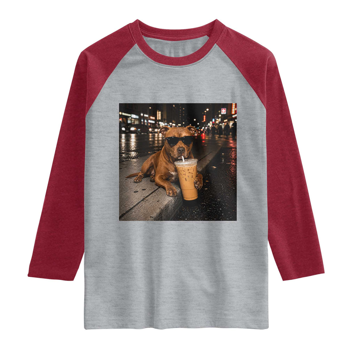 Funny Pitbull Drinking Iced Coffee Raglan Shirt Vintage Pittie Dog Lovers Meme TS10 Heather Gray Heather Red Print Your Wear