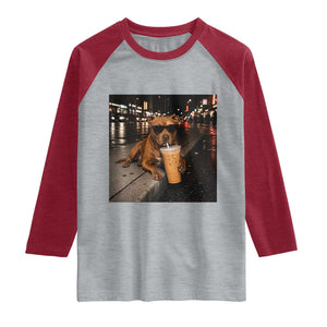 Funny Pitbull Drinking Iced Coffee Raglan Shirt Vintage Pittie Dog Lovers Meme TS10 Heather Gray Heather Red Print Your Wear