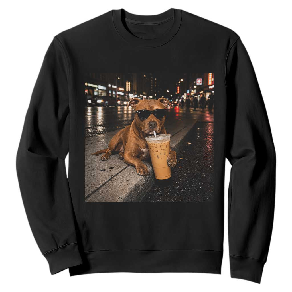 Funny Pitbull Drinking Iced Coffee Sweatshirt Vintage Pittie Dog Lovers Meme TS10 Black Print Your Wear