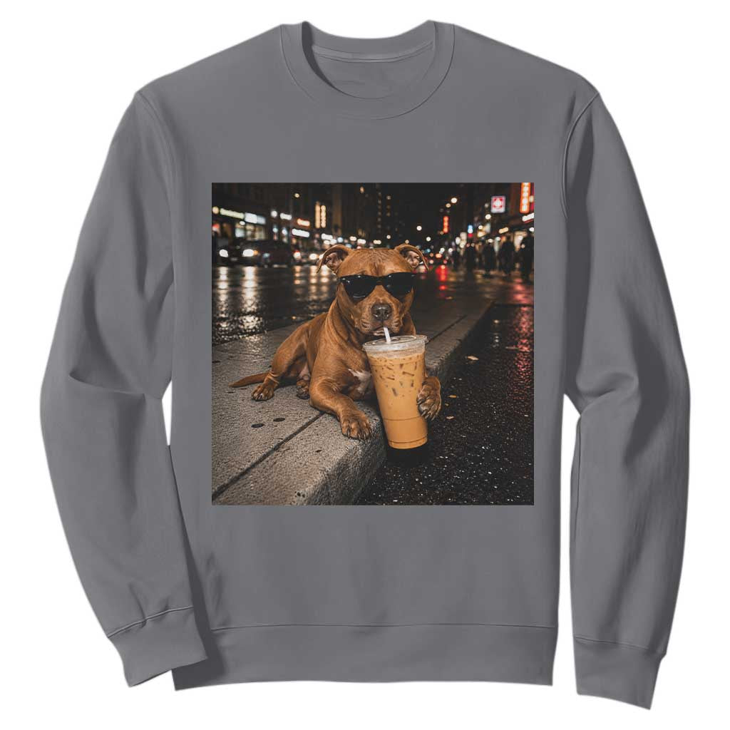 Funny Pitbull Drinking Iced Coffee Sweatshirt Vintage Pittie Dog Lovers Meme TS10 Charcoal Print Your Wear