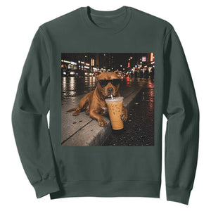 Funny Pitbull Drinking Iced Coffee Sweatshirt Vintage Pittie Dog Lovers Meme TS10 Dark Forest Green Print Your Wear